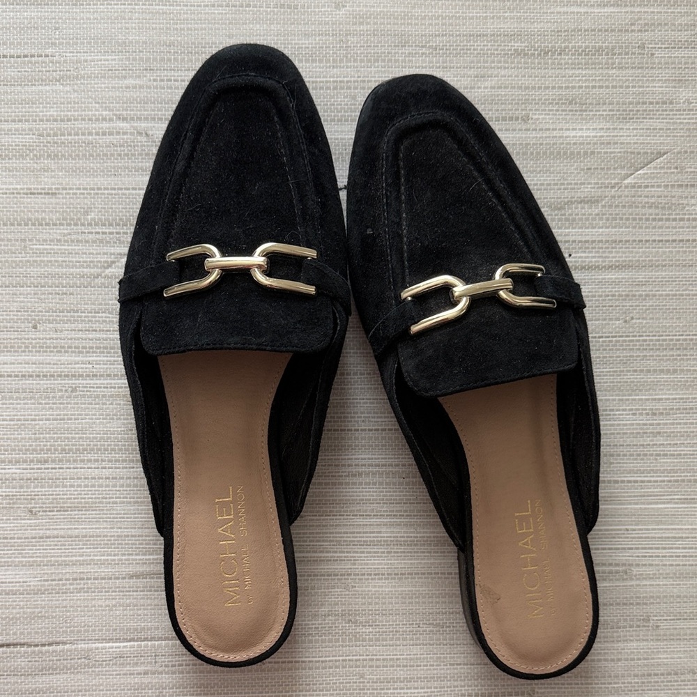 Michael Shannon Black Suede Mules with Gold Accent